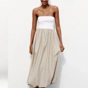 NEW Zara Strapless Tube Top White Beige Balloon Maxi Dress Size Small